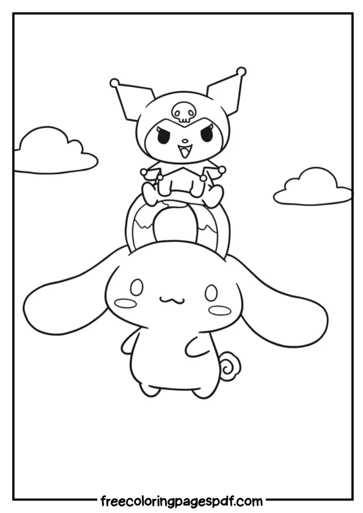 kuromi flying on cinnamoroll’s ears