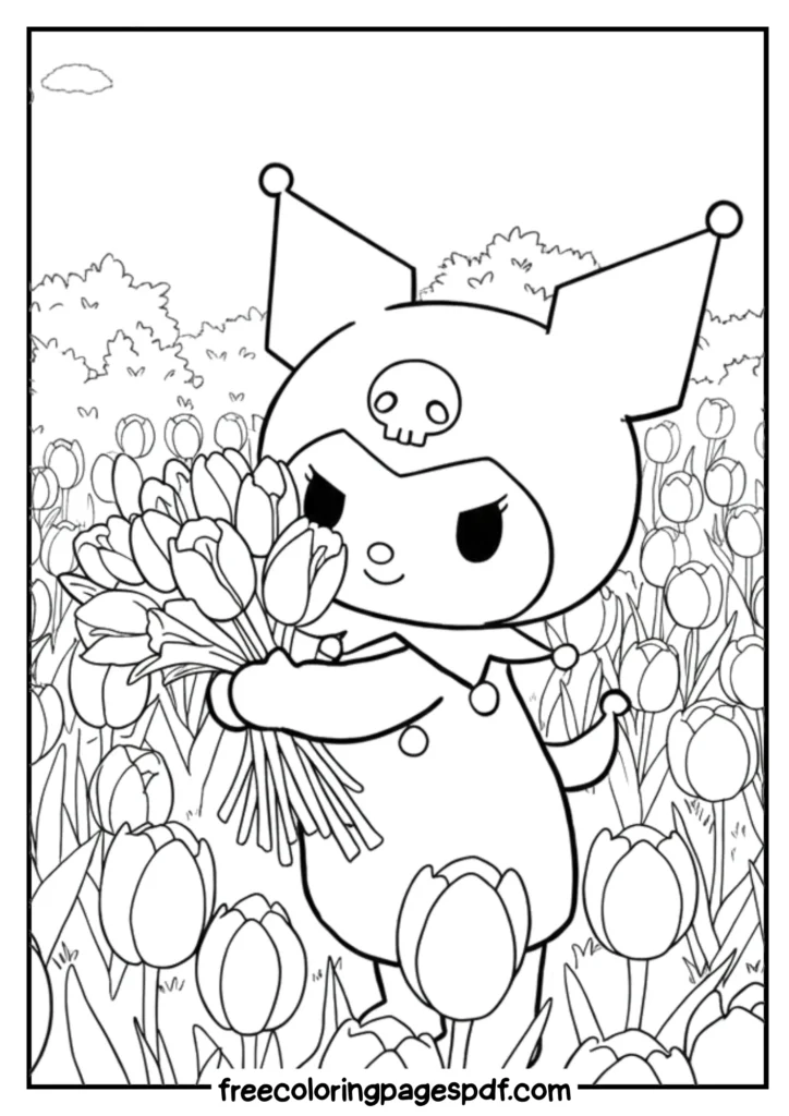 kuromi hugging bouquet coloring sheet
