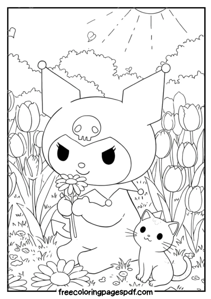 kuromi in a tulip garden with cat