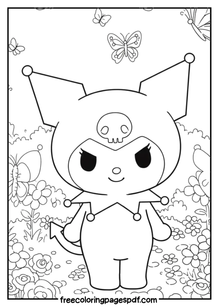 kuromi smiling shyly among butterflies